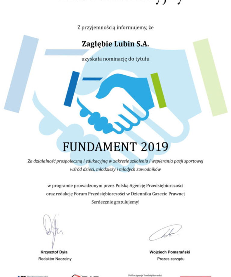Zagłębie Lubin S.A. nominowane do tytułu  „Fundament 2019”!